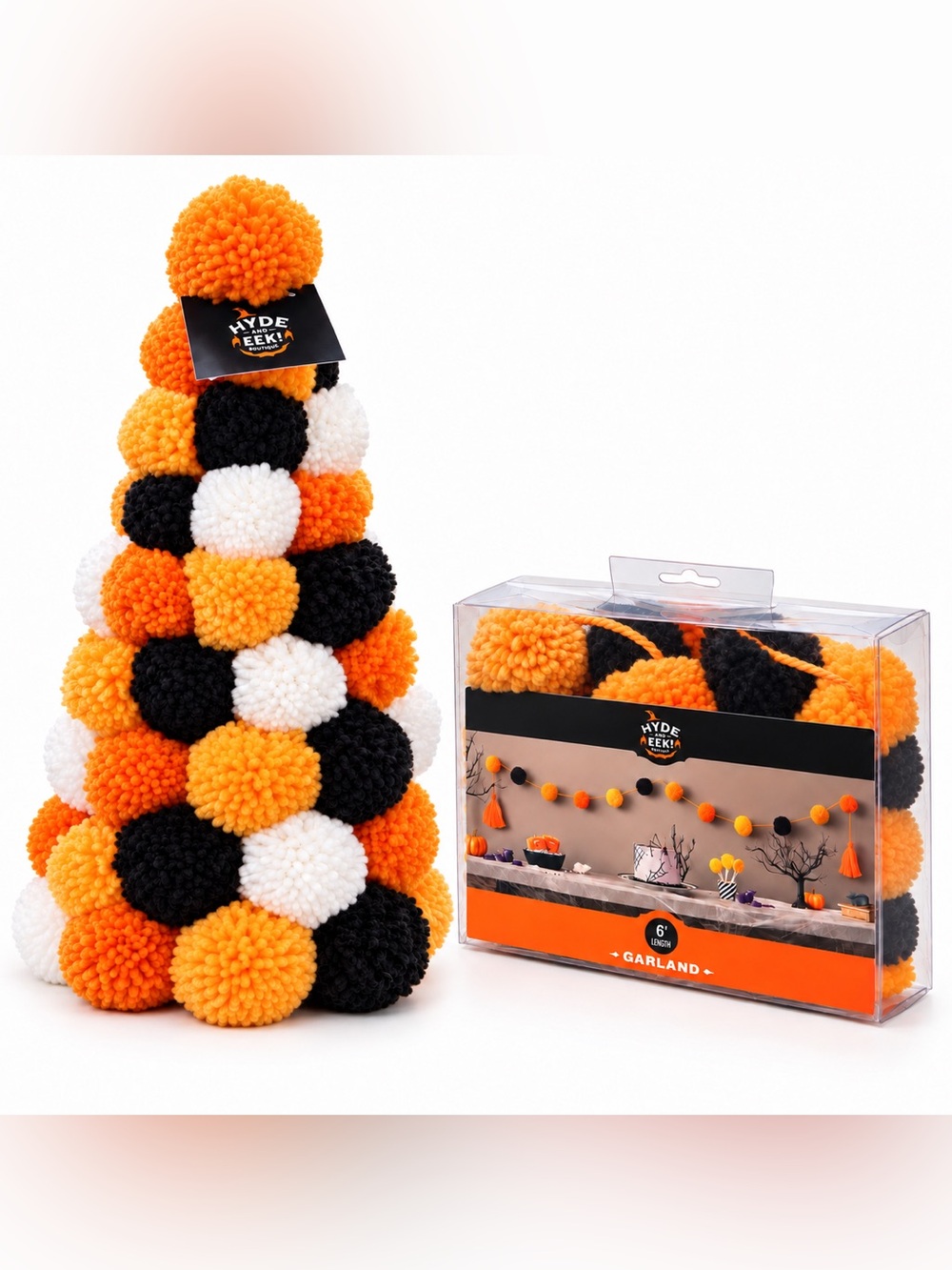 Hyde & Eek! Orange, Black & White Pom-Pom Garland and Halloween Tree Set. NWT
